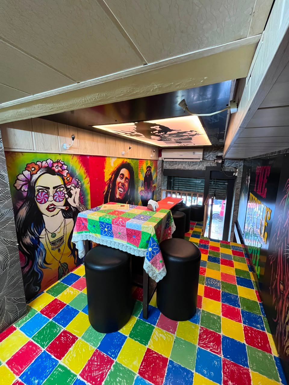 Seating area with mural artwork